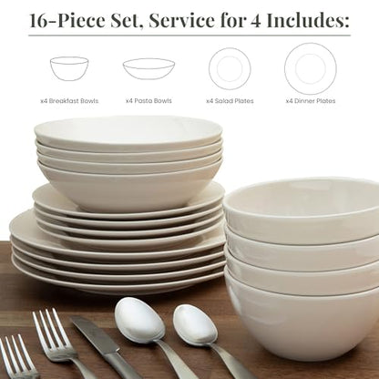 Larder & Vine Stoneware Dinnerware Set, 16 Piece, 4 Place Settings, Made in Portugal, White - color: White