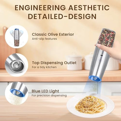Rechargeable Gravity Salt Pepper Grinder Set, 2 Pack (Silver) | Gravity Automatic Grinder With LED Light & Adjustable Roughness, Rechargeable Seasoning Tool For Kitchen Use - color: Rechargeable/Set/Silver