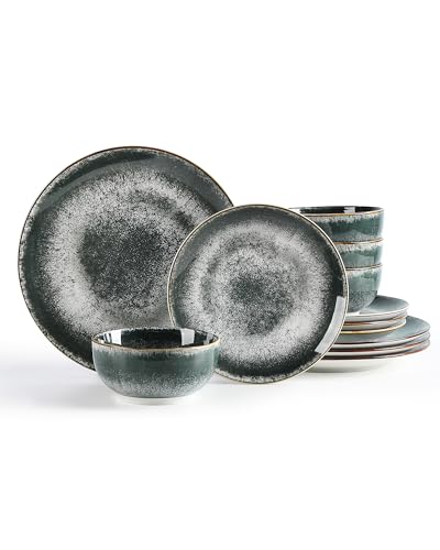 Sweejar Dinnerware Sets Service for 4,12 pcs Porcelain Plates and Bowls for Kitchen, Housewaring Gift,Chip and Scratch Resistant Dish Set,Handmade Dishwasher and Microwave Safe Plate Set,Dark Green - color: Dark Green, style: Service for 4 (12 Pcs)