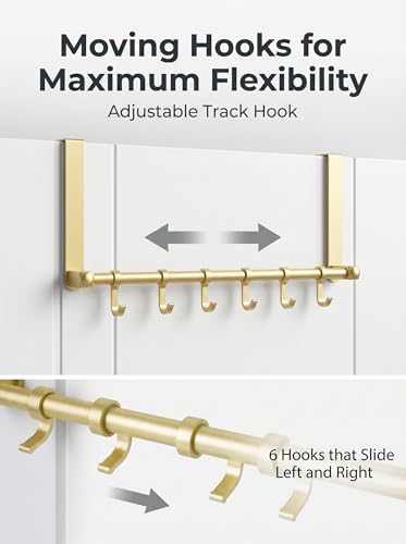 Over the Door Hooks, Gold 6 Hooks Adjustable Aluminum Door Hanger | Sliding Hooks Heavy Duty Door Hanger Organizer for Towel Coat Robe Hat Bag, No Drilling Over Door Rack for Bathroom Bedroom