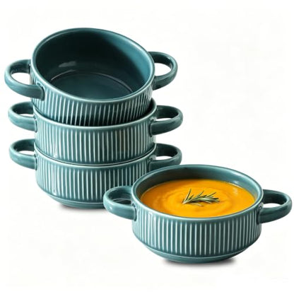 Soup Bowls with Handles, 23 oz French Onion Soup Crocks, Stackable Soup Bowl Oven Safe for Chili, Beef Stew, Embossment Ceramic Bowl Set - 5.4 Inch, Set of 4,Light blue - color: Light Blue
