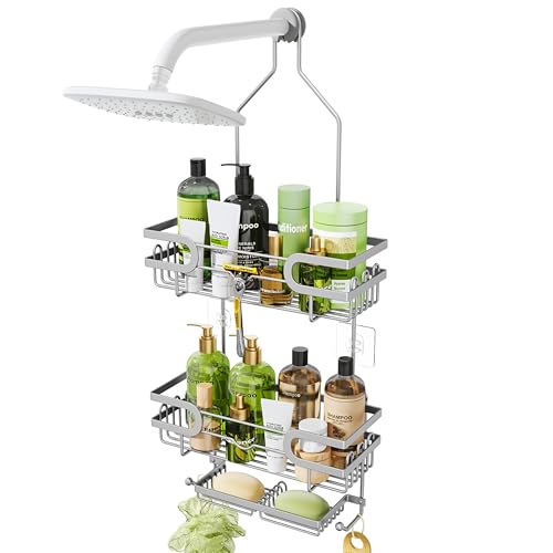 HapiRm Bathroom Hanging Shower Caddy - Rustproof Shower Shelf with 12 Hooks and 2 Soap Holders, No Drilling Bathroom Organizers and Storage - Silver - color: Silver(Large)