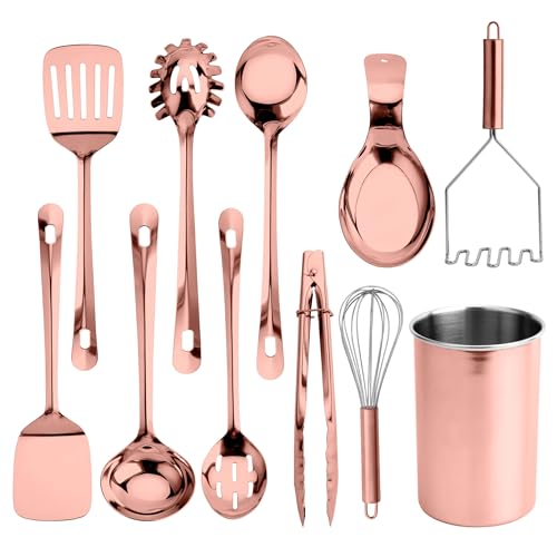 COOK WITH COLOR Kitchen Utensil Set - premium Nonstick & Heat Resistant Kitchen Gadgets, Turner, Spaghetti Server, Serving Spoons, Whisk, Tongs, Masher & Utensil Holder, 10-piece Rose Gold - color: Rose Gold
