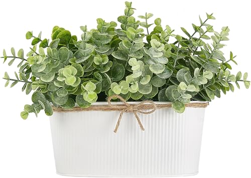 Dahey Fake Eucalyptus Plants Indoor for Farmhouse Home Decor Artificial Faux Plants in Rustic Rectangular Pots Table Centerpiece for Bathroom Office Living Room Shelf Laundry Decor, 7" L x 4" H | Realistic Eucalyptus, Metal Rustic Rectangular Pot, Table C