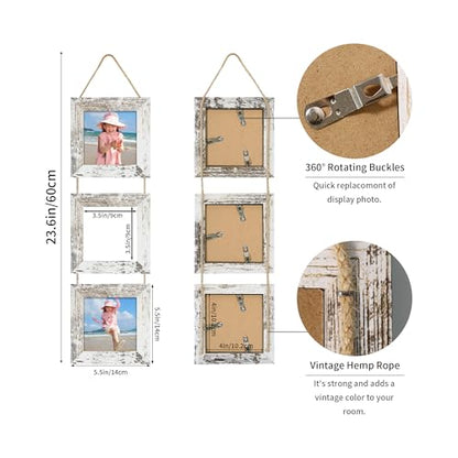 4x4 Collage Picture Frames Set of 2, Rustic Wooden Real Glass Vertical Hanging 3 Opening 4 by 4 Photo Frame, Distressed White - color: Distressed White, size: Vertical-4x4 in