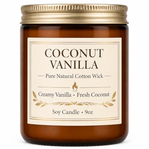 Coconut Vanilla Candle - 9oz Scented Candle, Natural Soy Candles for Home | Creamy Vanilla & Fresh Coconut Scent. 9 oz Soy-Coconut Wax Candle for Bedrooms, Baths, Reading & Spa. A Cozy Gift for Women - color: 1 Pack Coconut Vanilla Candle