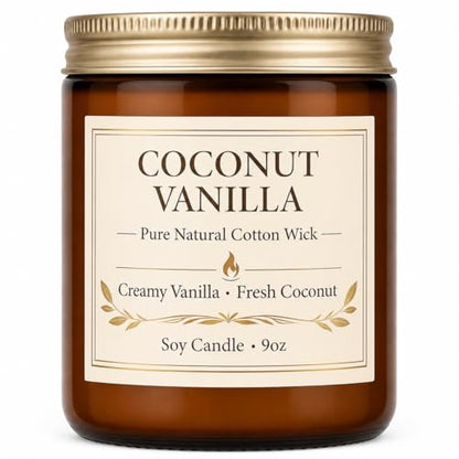 Coconut Vanilla Candle - 9oz Scented Candle, Natural Soy Candles for Home | Creamy Vanilla & Fresh Coconut Scent. 9 oz Soy-Coconut Wax Candle for Bedrooms, Baths, Reading & Spa. A Cozy Gift for Women - color: 1 Pack Coconut Vanilla Candle