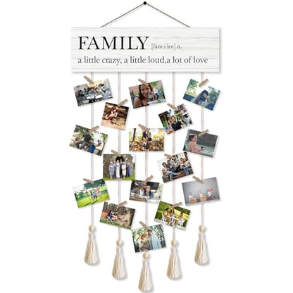 Family a Little Crazy Photo Hanging Display Board with 16 Clips, Rustic Wood Picture Collage Frame with Tassels Farmhouse Wall Decor - color: Family A Little Crazy
