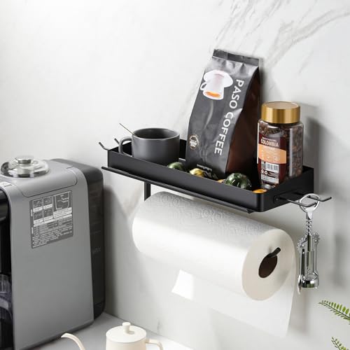 Taozun Garage Paper Towel Holder, Wall Mount Shelf, Shop Towel Holder, One-Hand Tear, Paper Towel Holder Wall Mount with 4 Detachable Hooks for Garage Organization and Storage(Black) - style: TH002