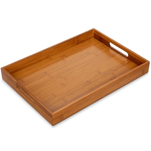 Briful Bamboo Decorative Tray with Handles - 16 x 12 Inch Rectangle Serving Tray for Coffee Table Decor Farmhouse Kitchen Counter Organizer & Bathroom Vanity, Brown - color: Brown