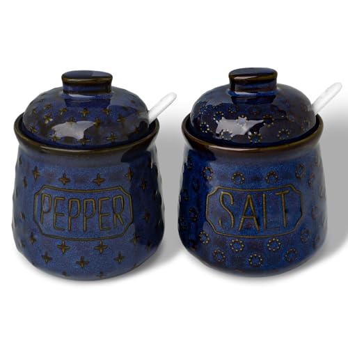 GDCZ 10 Oz Ceramic Salt and Pepper Bowls Set with Lid and Spoons (Blue) | Convenient Set of 2 for Kitchen, Includes Lids & Matching Spoons, 10oz Capacity, Embossed Texture - color: Blue