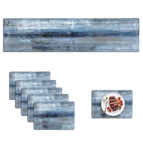 Mcalk Dark Blue Table Runner and Placemats Set of 6 Pieces, Blue Placemat, Cloth Place Mats Indoor for Kitchen, Washable Abstract Placemats Linen Material for Dining Table - color: 01dark Blue