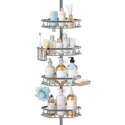 Consumest Shower Caddy Tension Pole, Shower Caddy Corner, Silver, 4 Tier | 304 Stainless Steel Rustproof, Adjustable 27.6-108.3 Inch, Corner Shower Shelves, Brush & Soap Holder - color: Silver