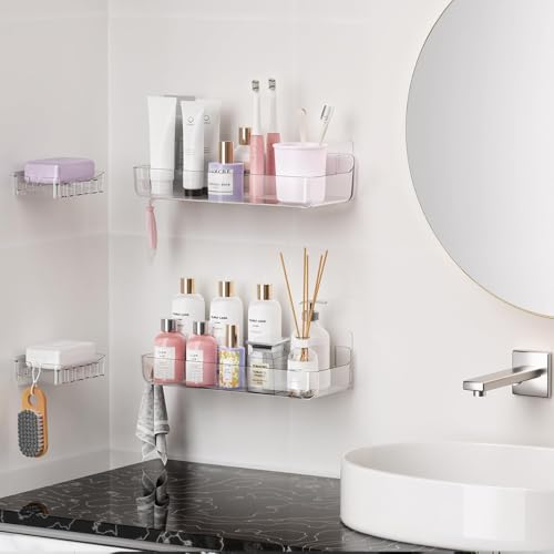 Crystal-Clear Shower Caddy with Soap Dish & Adhesive Pads, 2 Pack | Acrylic Wall Mounted Shower Shelves for Bathroom Organizers and Storage, No Drill for Bathroom Decor