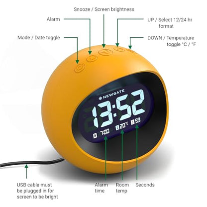 NEWGATE® Centre of the Earth Alarm Clock | Round Retro Digital LCD Clock | Yellow | Ideal for Bedside, Desk or Shelf | Retro Bedroom & Office Accessory - color: Citrus Yellow