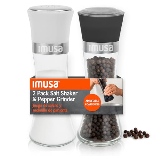 IMUSA Salt Shaker and Pepper Grinder Set, 2-Pack, Manual | Adjustable ceramic core for fine-to-coarse grinding, ergonomic grip, glass base resists stains, 6oz means fewer refills - color: Black/White