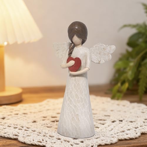 Hodao Angel Figurine with Heart — Wood-Carved Look Resin Christmas Decorations, Indoor Home Decor Ornaments, 8.5" Tall Guardian with Red Heart, Hand-Painted Figurines for Shelf, Mantel & Gift-Giving - style: Z-holding heart-big