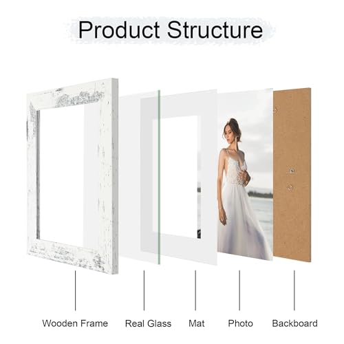iRahmen 6x8 Picture Frame with Mat 4x6 - High Definition Real Glass Wooden Photo Frames for Tabletop Display and Wall Mounting (Distressed White, Set of 4) - color: Distressed White, size: 6X8