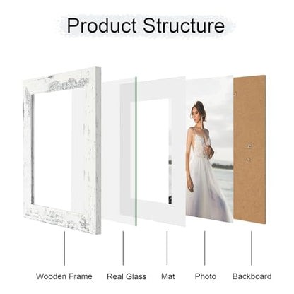 iRahmen 6x8 Picture Frame with Mat 4x6 - High Definition Real Glass Wooden Photo Frames for Tabletop Display and Wall Mounting (Distressed White, Set of 4) - color: Distressed White, size: 6X8