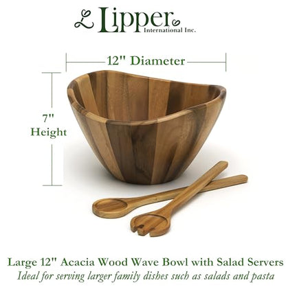 Lipper International Acacia Large Wave Bowl with Servers, 162.31 fl.oz.,Brown