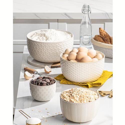 Ceramic Mixing Bowls, Embossed Nesting Bowls Set of 4, Mixing Bowl Set for Serving, Baking, Cooking and Gift, Microwave and Dishwasher Safe, 20/47/99/148 oz, Off-White - size: 20&47&99&148 oz