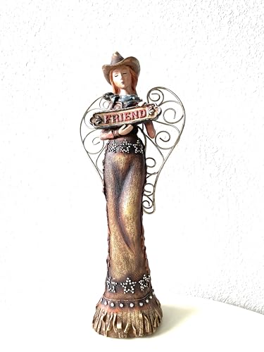 SUREG Western Cowgirl Angel Holding Cross, Family, Friend Figurine Statue Hand Painted Rustic Life-Like Detailed Home Office Decoration Poly Resin 1 Item (Holding Friend Sign) - color: Holding Friend Sign