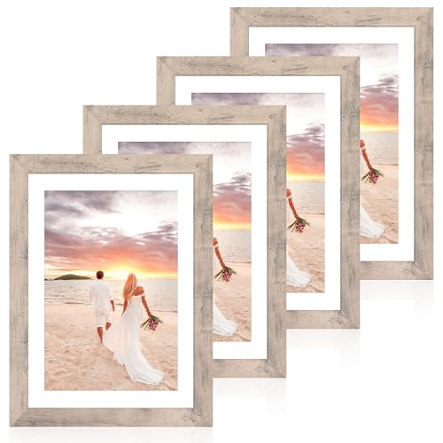 iRahmen 10x14 Picture Frame Set of 4 with Tempered Glass, Smoke Gray Frame Display 8x12 Picture with Mat or 10 x 14 Without Mat, Wood Rustic Photo Frames for Horizontal or Vertical Wall Mounting - color: Smoke Gray, size: 10X14