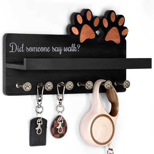 MTERSN Decorative Dog Leash Holder for Wall with Shelf & 6 Hooks, Black | 3D Dog Paw Key Hooks, Unique Back Panel, Key Hanger for Leashes & Keys, Pet Accessories Storage, Gift for Dog Lovers - color: Black