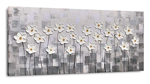 Yihui Arts Canvas Wall Art Grey and White Flowers Pictures Blossom Modern Floral Pallet Knife Painting Framed for Bedroom Kitchen Dinning Room Living Room Office Home Decor - color: Flower Picture, size: 40"L x 20"W
