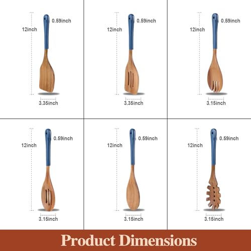 Wooden Spoons For Cooking, 6 PCS Natural Acacia Wooden Cooking Utensils, Non-Stick Wood Kitchen Utensil Set for Kitchen Essentials, Smooth Grip Wood Cooking Spoons with Hanging Hole, Blue - color: Blue