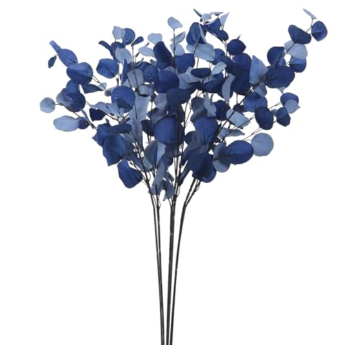 3 PCS 33" Artificial Eucalyptus Stems, Silk Branches for Vase Decor, Blue | Long Bendable Greenery, farmhouse, Home, Wedding, Party arrangements - color: Blue*3