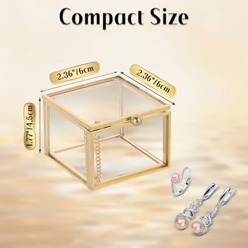 MYFULLY Vintage Gold Glass Jewelry Box 2.36"x 2.36"x 1.77" | Small Square Lidded Keepsake & Trinket Box for Rings, Earrings, Bracelets, Cards, Home and Vanity Display