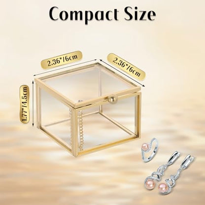 MYFULLY Vintage Gold Glass Jewelry Box 2.36"x 2.36"x 1.77" | Small Square Lidded Keepsake & Trinket Box for Rings, Earrings, Bracelets, Cards, Home and Vanity Display
