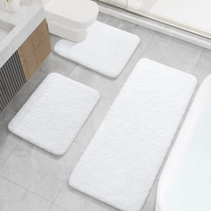 LOCHAS Bathroom Rugs Sets 3 Piece, Long Bath Mat Set Non Slip, White | Washable Absorbent Toilet Rug, Shaggy Soft Cozy Quick Dry - color: White, size: 48" x 20" + 24" x 17" + U Shape 24" x 20"