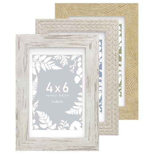 An&He 4x6 Picture Frames Set of 3, Rustic Vintage Photo Frame with HD Plastic Cover, for Wall Hanging or Tabletop Display, Excellent Decorative Artwork - color: Oak+Grey+OW, size: 4x6