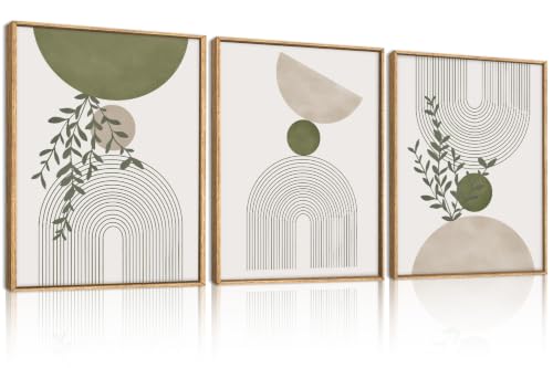 ANHUIB Boho Abstract Wall Art Canvas,Sage Green Wall Decor Framed,Geometric Line Art Prints Leaves,Minimalist Artwork Botanical,3 Piece 16x12In Beige Nature Painting for Living Room Bedroom - color: Sage Green Boho, size: 16"L x 12"W
