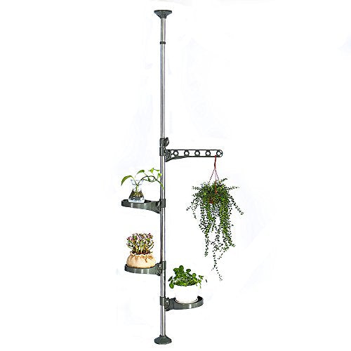 BAOYOUNI Plant Stand Tension Rod, 3 Trays+1 Arm Adjustable Grey | Window Sill Flower Display Rack, Vertical 4-Tier Corner Storage，Indoor Pole Hanger for Counter Top & Home Decor - color: Grey, size: 1 x 4 Tier