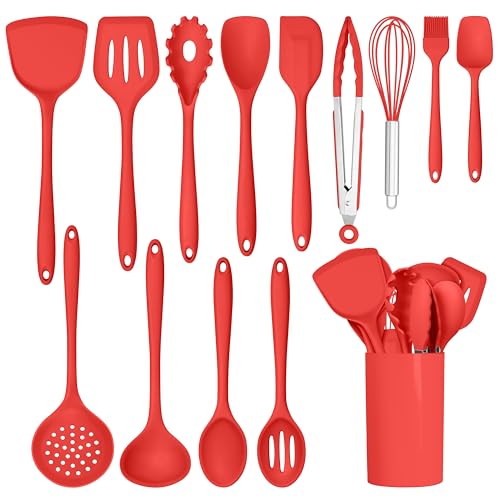 HaWare Kitchen Utensils, 14 PCS Silicone Cooking Utensils Set, Heat Resistant Kitchen Utensils for Non-stick Cookware, Kitchen Gadgets Tools with Spoons, Spatulas, Whisk, Dishwasher Safe (Red) - color: Red