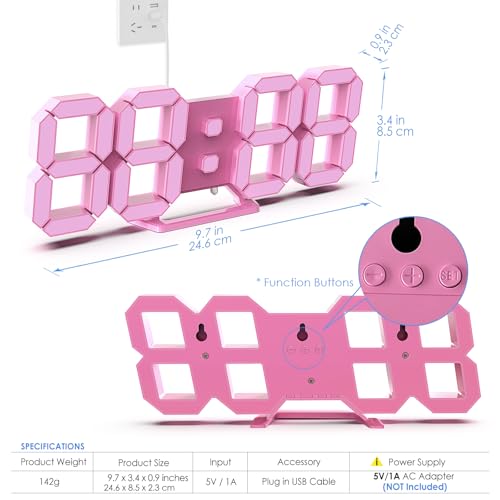 Pink LED Clock 3D Wall Clock 9.7" Table Clock for Living Room Modern Digital Clock for Bedroom Aesthetic Bedside Desk Clock with Remote/Dimming/12/24H/Temp/Alarm Clock/Date - color: 9.7in Pink Clock-pink Light