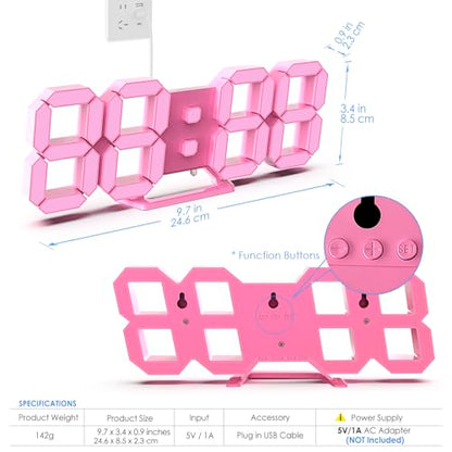 Pink LED Clock 3D Wall Clock 9.7" Table Clock for Living Room Modern Digital Clock for Bedroom Aesthetic Bedside Desk Clock with Remote/Dimming/12/24H/Temp/Alarm Clock/Date - color: 9.7in Pink Clock-pink Light