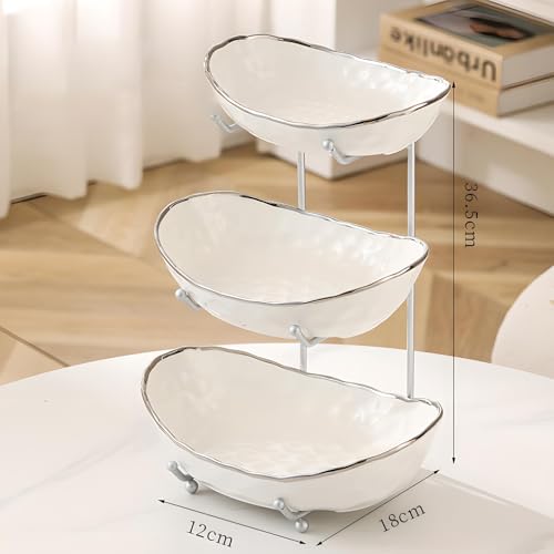 White Fruit Bowl with Silver Metal Stand, 3 Tier Modern Ceramic Fruit Bowl Fruit Rack for Kitchen Counter, Tiered Fruit Basket for Snacks Bread Candy Storage (White B,3 Tier) - color: White B,3 Tier