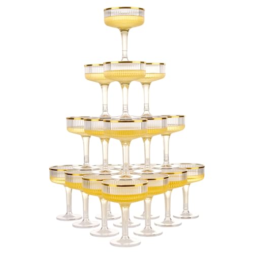 Goodluck 4-Tier Champagne Tower Glass - 20PCS 7oz Champagne Flutes Gold Rim | Plastic Coupe Glasses with Vertical Stripes for Weddings, Celebrations, Parties & Birthdays - color: Clear Gold Rim
