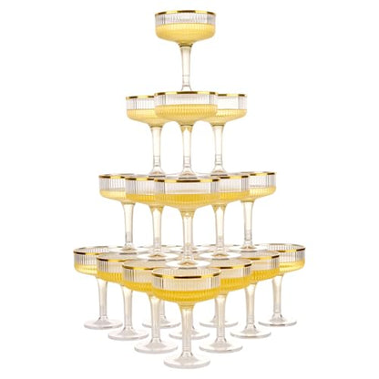 Goodluck 4-Tier Champagne Tower Glass - 20PCS 7oz Champagne Flutes Gold Rim | Plastic Coupe Glasses with Vertical Stripes for Weddings, Celebrations, Parties & Birthdays - color: Clear Gold Rim