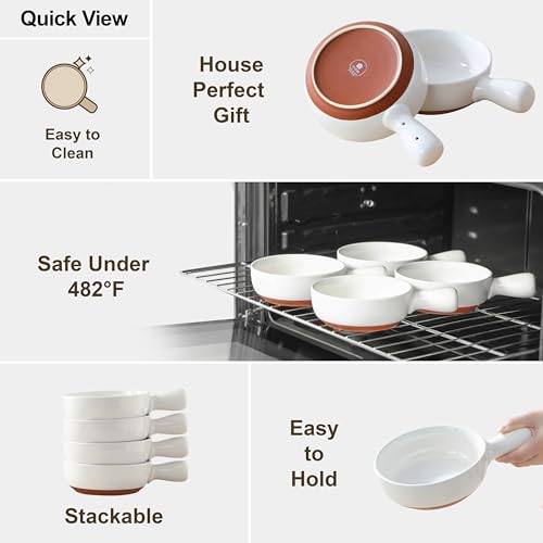 MALACASA 23 Oz French Onion Soup Bowls With Handles, Ceramic Soup Crocks for Cereal, Pasta, Beef Stew, Chilli, Oven Microwave Dishwasher Safe, Set of 4, White, Series TARA - color: White