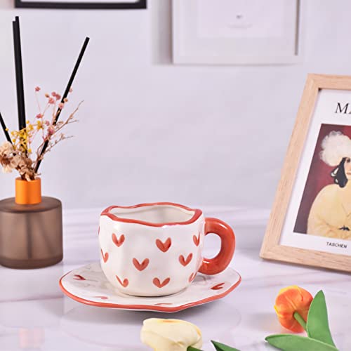 Koythin 10oz Irregular Ceramic Mug With Saucer, Red Heart Latte Tea Cup | 300ml Creative Heart Cup, Dual Safe Ceramic; Home Office Use, Lovely Women Gift - color: Red Heart