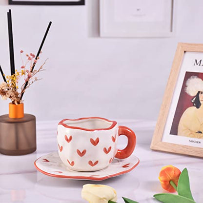 Koythin 10oz Irregular Ceramic Mug With Saucer, Red Heart Latte Tea Cup | 300ml Creative Heart Cup, Dual Safe Ceramic; Home Office Use, Lovely Women Gift - color: Red Heart