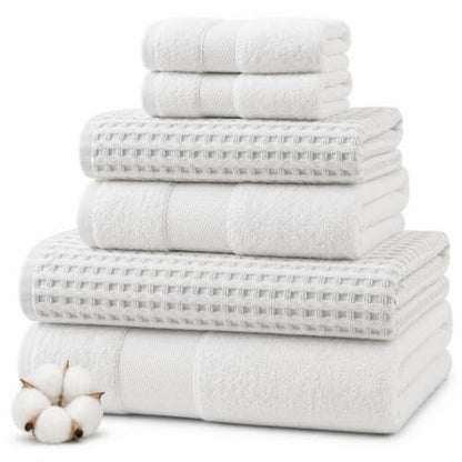 Modern Threads 6 Piece Cotton Bath Towel Set – Ultra Soft 600 GSM Towels – Bathroom Set with Hand Towels and Washcloths – Waffle (White) - color: White, size: Standard, style: Waffle