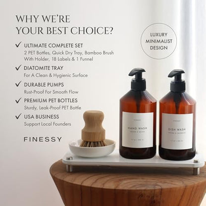 FINESSY 500ml Bathroom and Kitchen Soap Dispenser Set with Tray and Brush | BPA Free PET Plastic Amber Soap Dispensers, Not Breakable Glass. Marble-Look Tray, 18 Waterproof Labels, Pumps, Funnel, Brush - color: Luxe Amber