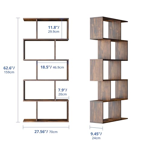 Set of 2 Geometric Bookcase, S-Shaped Modern Bookshelf, Room Divider Bookshelf, 62" Tall Unique Abstract Bookcase with 5-Tier Display Shelf for Living Room Office, Rustic Brown - color: Rustic Brown