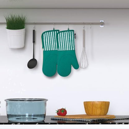 Alselo Silicone Oven Mitts Heat Resistant 932℉ with Waterproof & Non-Slip | Kitchen Mittens Set of 2,Extra Long 7.5"x15" Gloves with Soft Cotton Terry Lining for Baking Cooking BBQ (Emerald Green,2) - color: Emerald Green